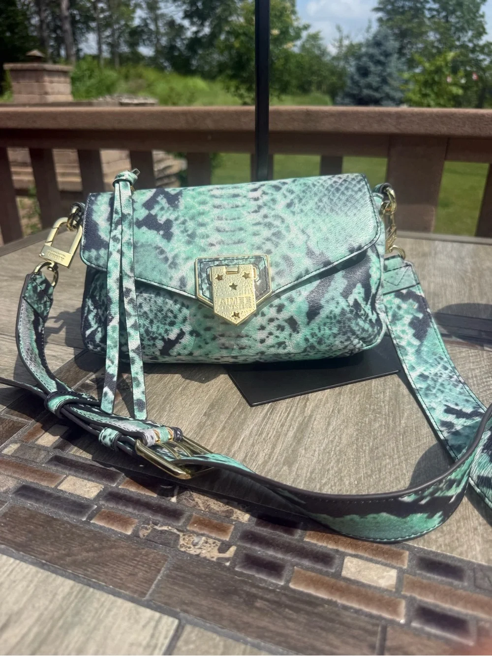 NWOT Aimee Kestenberg Mint Green and Black Snake-Print Crossbody - Picture 1 of 10